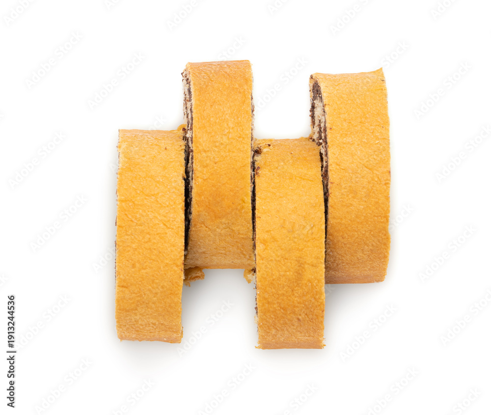 Obraz premium Poppy Seed Swiss Roll, Round Sponge Cake Isolated, Sliced Rolled Vanilla Biscuit with Poppy Seeds Filling
