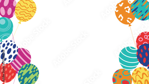 Colorful festive balloons with various patterns like dots and stripes creating a celebratory border frame along the sides on a white background.