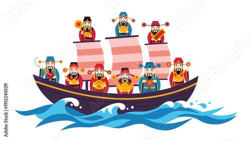 Japanese Seven Lucky Gods known as Shichifukujin sailing on a traditional treasure ship over blue ocean waves to bring good fortune and prosperity.