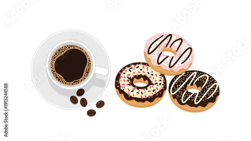 Overhead view of a cup of black coffee with coffee beans on a saucer next to three delicious glazed donuts with sprinkles.