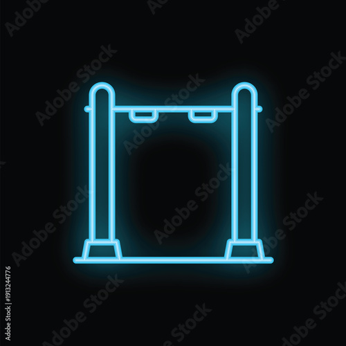 Blue neon icon of a horizontal bar for pull ups, glowing on a dark background