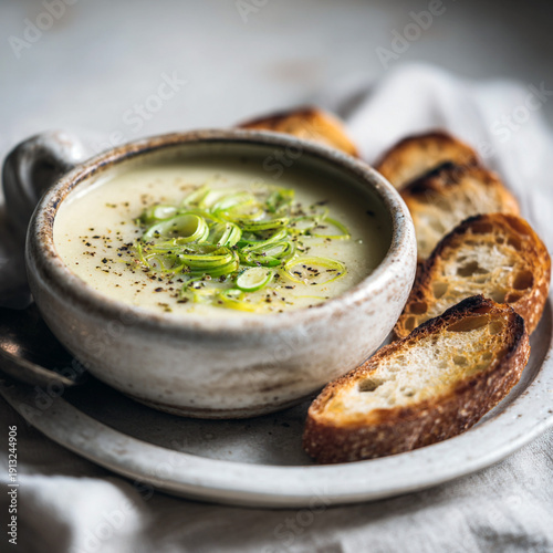 A bowl of creamy potato-onion soup, garnished with green onion slices, is served on a white plate with toasted bread. The background is light beige, and the dish's colors are bright yellow and creamy 