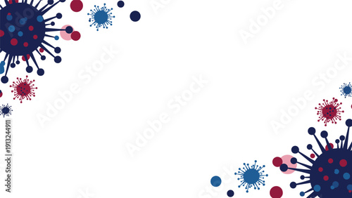 Scientific border background featuring dark blue and red virus particles of various sizes floating around the corners on a white space.