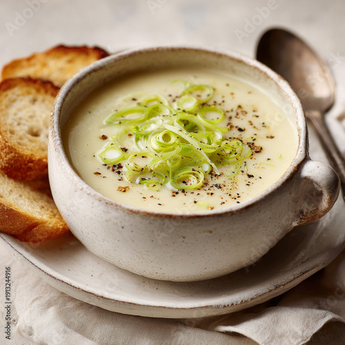 A bowl of creamy potato-onion soup, garnished with green onion slices, is served on a white plate with toasted bread. The background is light beige, and the dish's colors are bright yellow and creamy 