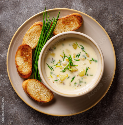 A bowl of creamy potato-onion soup, garnished with green onion slices, is served on a white plate with toasted bread. The background is light beige, and the dish's colors are bright yellow and creamy 