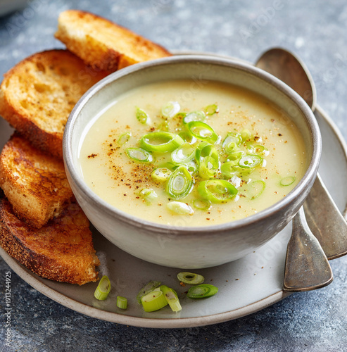 A bowl of creamy potato-onion soup, garnished with green onion slices, is served on a white plate with toasted bread. The background is light beige, and the dish's colors are bright yellow and creamy 