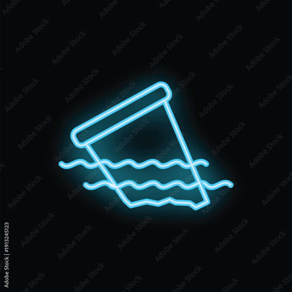 Obraz premium Blue neon sign of a plastic cup floating in water representing pollution