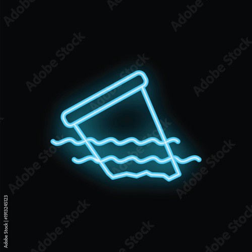 Blue neon sign of a plastic cup floating in water representing pollution