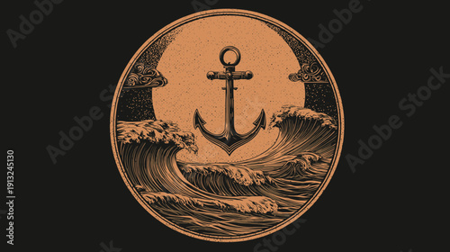 A circular illustration showcases an anchor set against a wave-filled sea, within a detailed oval frame