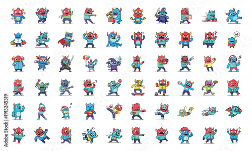 Colorful cartoon monsters in various fun and quirky poses and activities