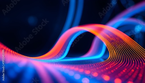 Vibrant neon waves flowing in a futuristic landscape viewed from a dynamic angle with flowing curves and glowing lights