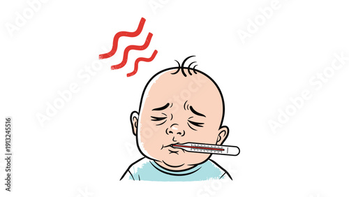 Crying sick baby infant with a fever holding a thermometer in its mouth and showing heat lines above its head.