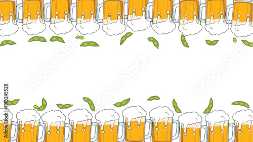 Top and bottom border frame featuring many mugs of foaming beer and small green edamame beans on a white background.