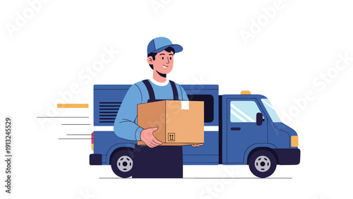 Delivery man wearing a blue uniform and cap holding a cardboard box in front of a delivery van for logistics and shipping services.