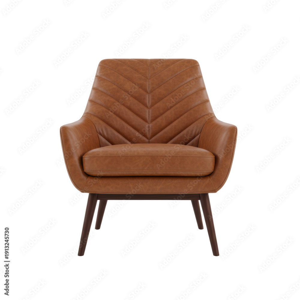 Fototapeta premium a stylish, modern armchair upholstered in saddle brown leather with a diamond-quilted chevron pattern and dark walnut legs, isolated on white, aspirational design concept