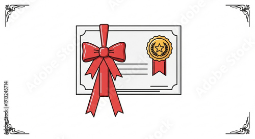 Certificate with red ribbon and gold seal on white background symbolizing achievement and recognition