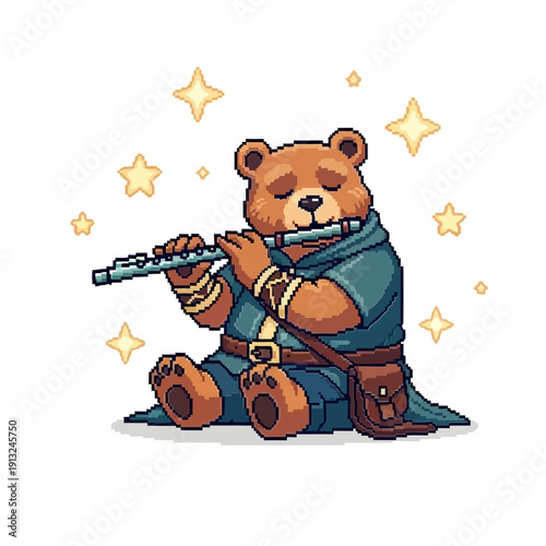 Pixel art bear playing a flute under a starry night sky, a charming fantasy character illustration.