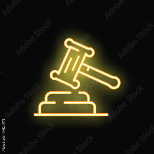 Yellow neon icon of a gavel striking a sound block representing law, justice, and legal proceedings