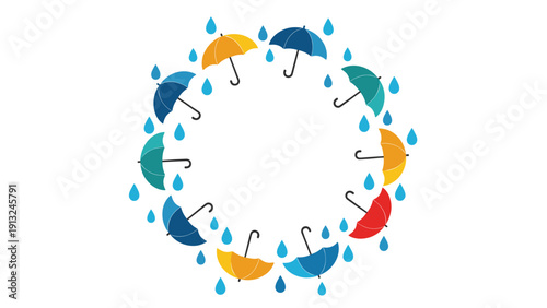 Circular frame composed of various colored umbrellas and blue raindrops creating a decorative border for weather-related content.