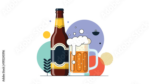 Still life illustration of a brown beer bottle and a glass mug filled with foaming golden beer on an abstract background.