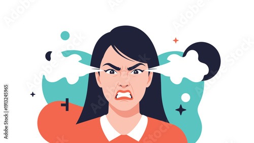 Portrait of an extremely angry woman with steam emitting from her eyes symbolizing intense frustration and temper.