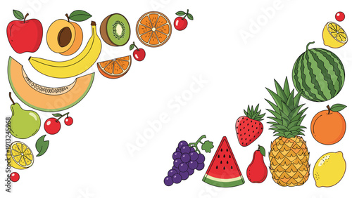 Variety of whole and sliced colorful fruits like watermelon, pineapple, and bananas arranged in the corners of a frame.