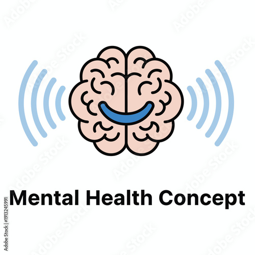 Conceptual illustration of a smiling brain with radiating waves, symbolizing mental health and well-being