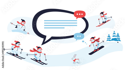 Group of cheerful snowmen enjoy winter sports like skiing and snowboarding around a large blank speech bubble on a snowy hill.