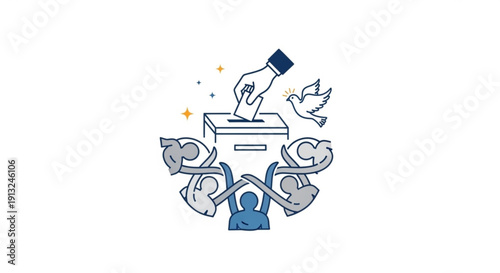 Hand casting ballot into box with dove and locks symbolizing free and secure voting process