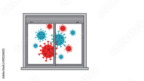 Red and blue virus particles floating outside a closed gray window represent the concept of quarantine and staying safe indoors during an outbreak.