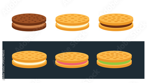 Assorted sandwich cookies with various fillings like chocolate cream and strawberry shown in a flat illustration style.