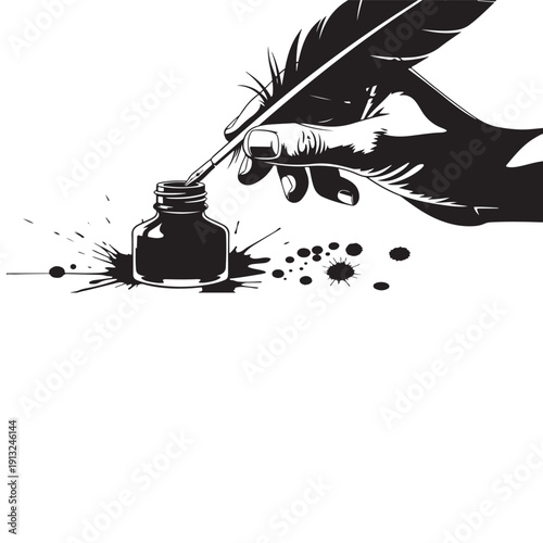 Classic quill pen dips into ink bottle, creating splatters, representing writing, creativity, and historical communication.