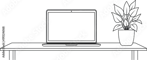 Open laptop and potted plant on a desk line art Keywords: laptop, computer, desk, table, plant