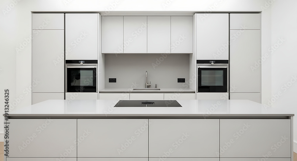 Fototapeta premium Contemporary minimalist kitchen with sleek white handleless cabinets dual integrated ovens and a central island. Minimalist Interior Design