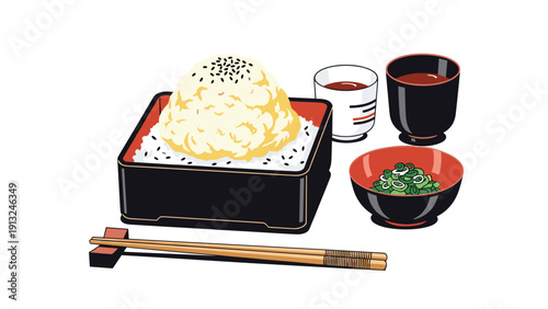 Traditional Japanese meal set featuring a large bowl of white rice topped with sesame seeds, soup, side dishes, and bamboo chopsticks.
