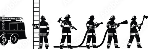 Silhouette illustration of five firefighters in protective gear with equipment including fire truck, ladder, axe, and hose, symbolizing teamwork, emergency response, and safety operations.