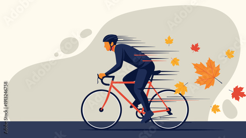Cyclist riding a red road bike through a flurry of orange autumn leaves in a dynamic and energetic fast motion style.