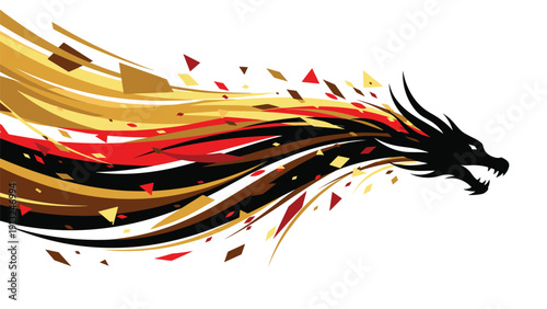 Artistic silhouette of a black dragon head surrounded by dynamic red gold and brown abstract flame-like streaks.