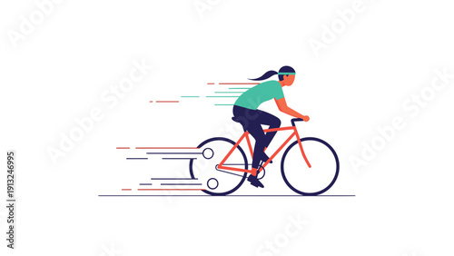 Active woman cycling fast on a red road bike with dynamic speed lines indicating quick movement and healthy exercise.