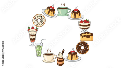 Sweet selection of desserts including donuts, puddings, ice cream, and coffee arranged in a circular frame for a menu design.