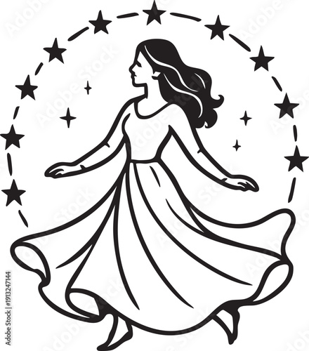 Woman dancing under stars in flowing dress in black and white