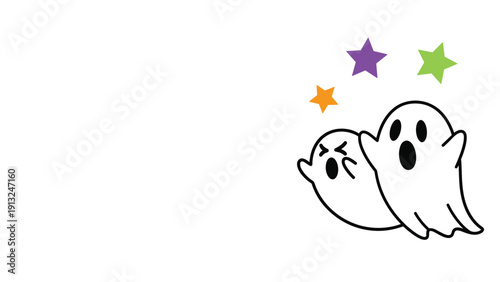 Two cute little ghosts with different expressions float playfully below colorful stars as a fun decoration for a Halloween party.