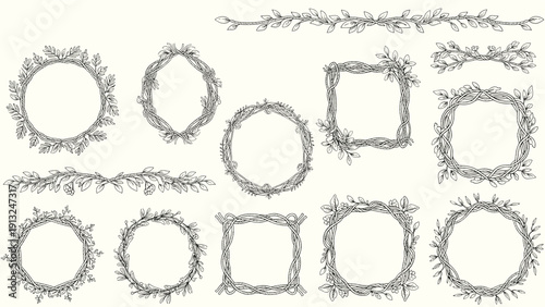 Extensive collection of rustic hand drawn leaf wreaths and floral dividers in black ink on a light cream background.
