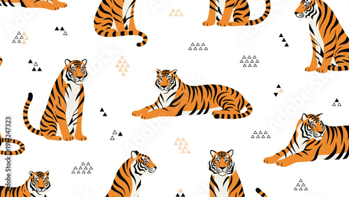 Repeating pattern of majestic tigers in sitting and lying poses with small black and gold geometric triangles on a white background.