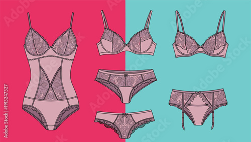Fashion illustration of a pink lace lingerie set including bras and panties displayed on a contrasting magenta and teal background.