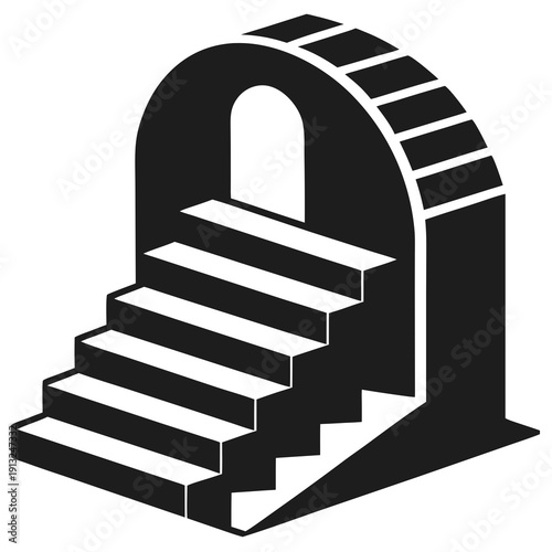 A black and white image of a staircase leading to an archway