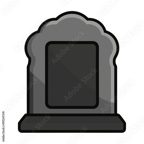 A cartoon grey tombstone on a black base