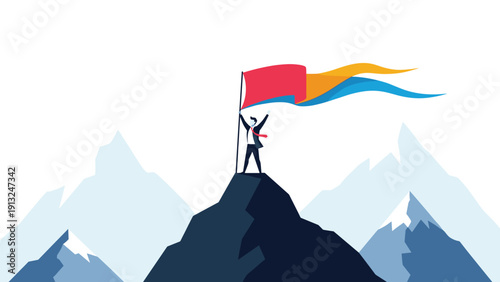 Successful businessman standing on top of a mountain peak holding a victory flag above the clouds for achievement.