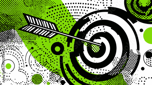 Graphic abstract with an arrow striking a target. Green, black, and white design with halftone textures