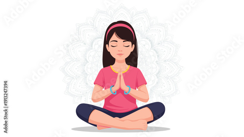 Peaceful illustration of a young girl practicing yoga in a prayer pose with a decorative white mandala background for wellness concepts.